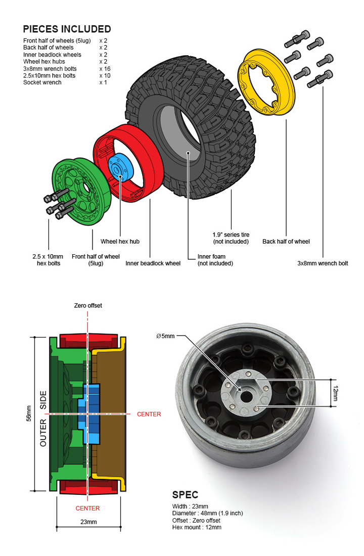 1.9 AR01 5 Lug Aluminum beadlock wheels (2) GM70344 gm70344 3 1.9 AR01 5 Lug Aluminum beadlock wheels (2) GM70344
